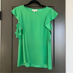 Britt Ryan Emerald Green Silk Blouse with Ruffle Sleeves | S